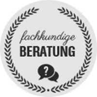 Schwarz-weißer Siegel mit Lorbeerkranz, darin der Text 'fachkundige BERATUNG' und darunter eine Sprechblase mit Fragezeichen